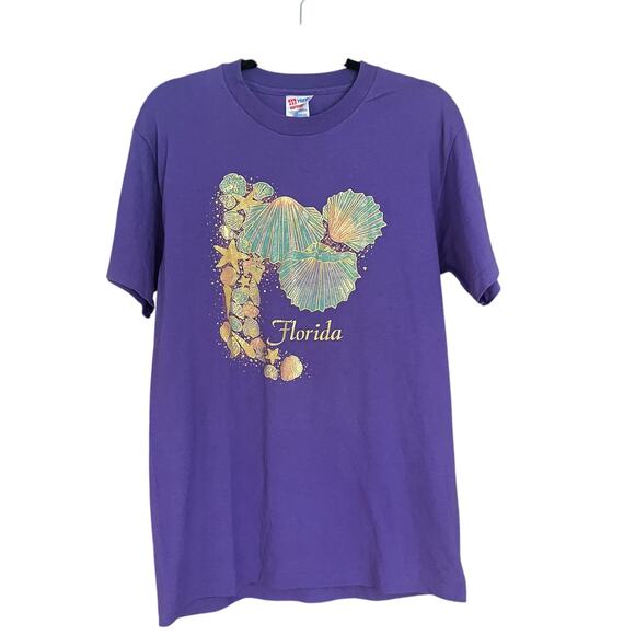 Vintage 90s Sea Shells Florida Graphic Medium T Shirt Large Purple Tourist Tee - Picture 1 of 9